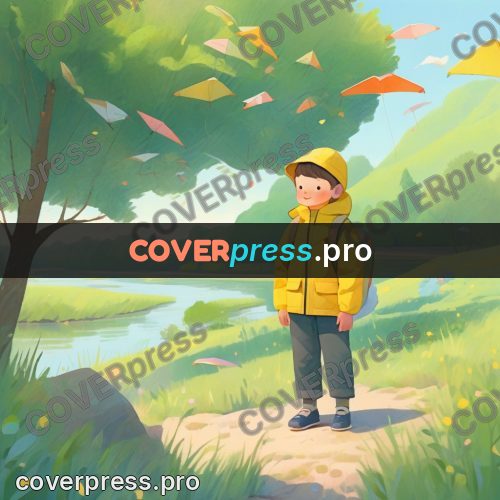 Storybook drawing: boy by a river with kites