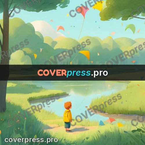 Storybook drawing: boy by a river with kites