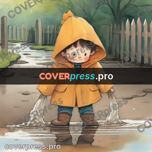Storybook drawing: child in a yellow raincoat