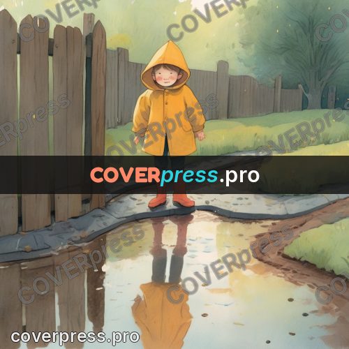 Storybook drawing: child in a yellow raincoat