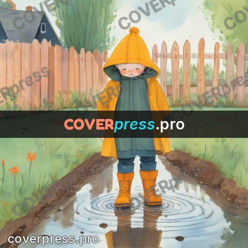 Storybook drawing: child in a yellow raincoat
