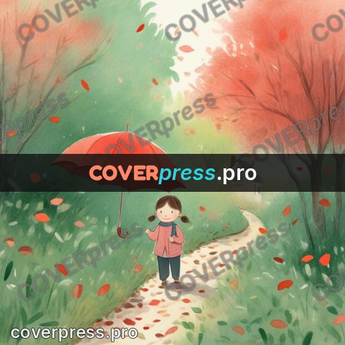 Storybook drawing: child with a red umbrella
