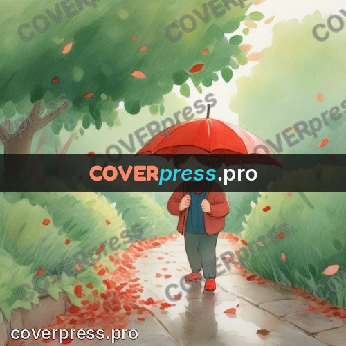 Storybook drawing: child with a red umbrella
