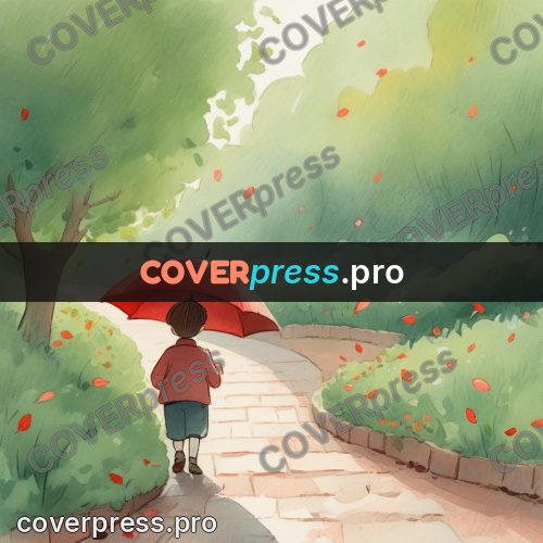 Storybook drawing: child with a red umbrella