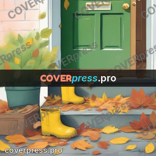 Storybook drawing: yellow boots by a door