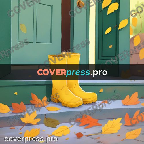 Storybook drawing: yellow boots by a door