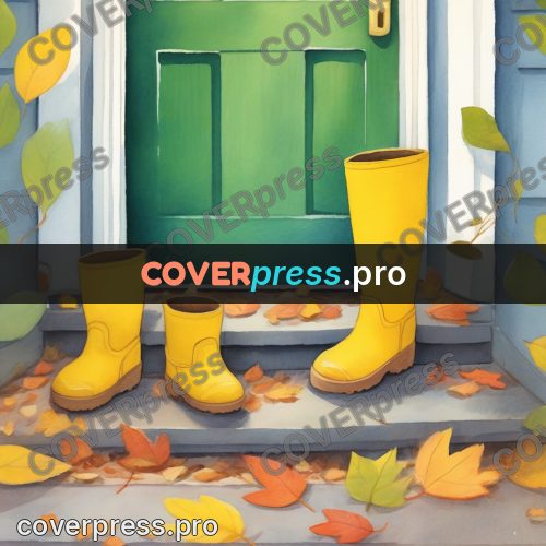Storybook drawing: yellow boots by a door