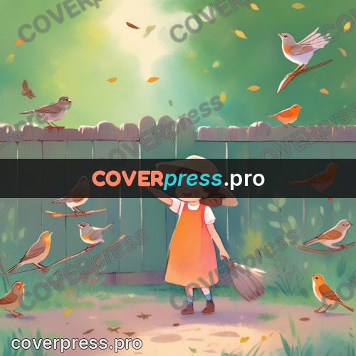 Storybook drawing: girl in a hat with birds