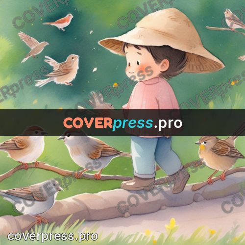 Storybook drawing: girl in a hat with birds