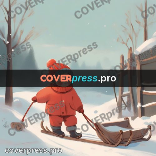 Storybook drawing: child with a sled in snow