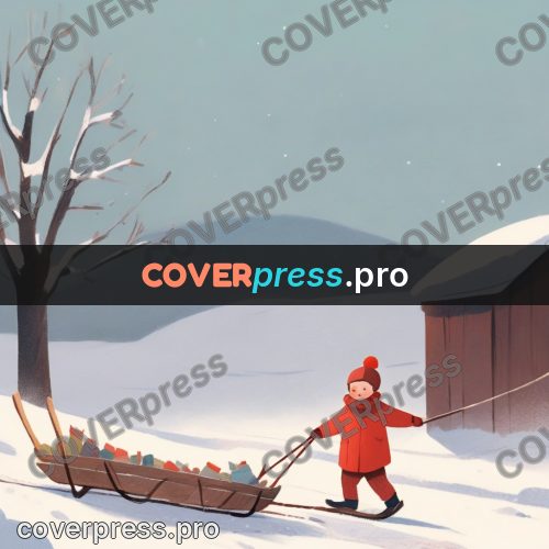 Storybook drawing: child with a sled in snow