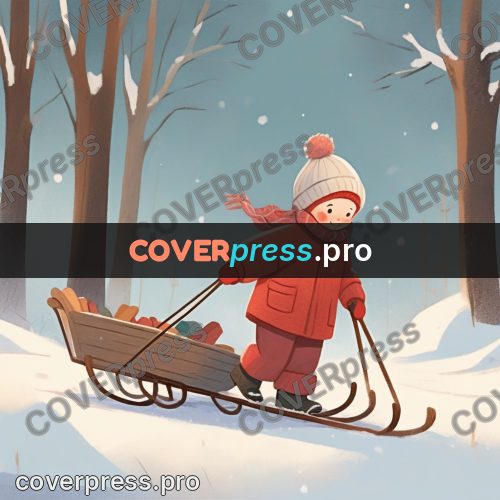 Storybook drawing: child with a sled in snow