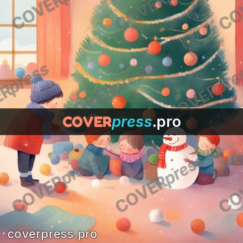 Storybook drawing: friends by a decorated tree