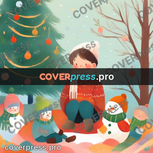 Storybook drawing: friends by a decorated tree