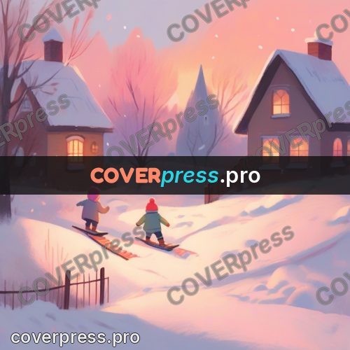 Storybook drawing: sledding by winter houses