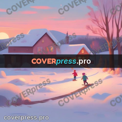 Storybook drawing: sledding by winter houses