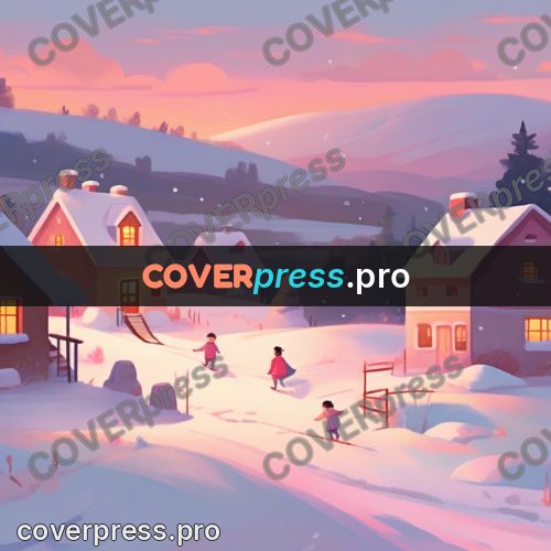 Storybook drawing: sledding by winter houses