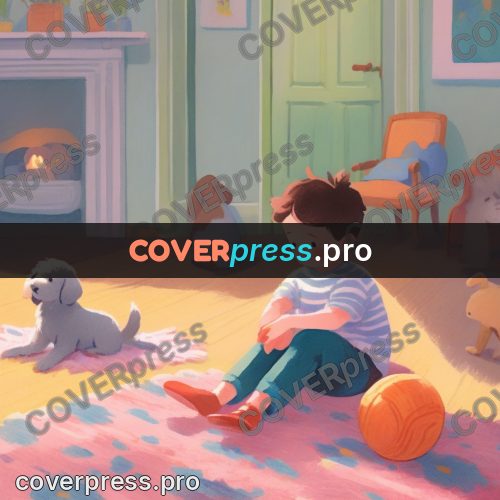 Storybook drawing: boy with a puppy indoors