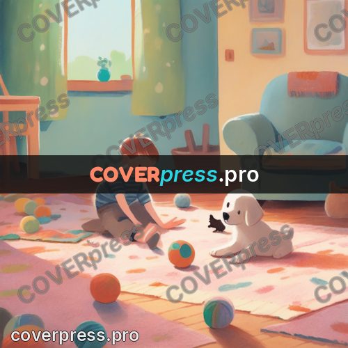Storybook drawing: boy with a puppy indoors