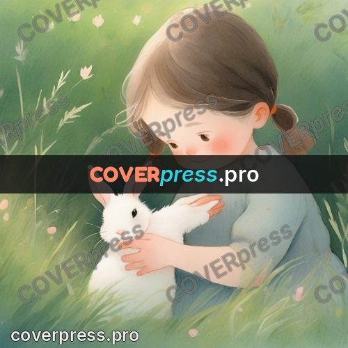 Storybook drawing: girl with a rabbit in grass