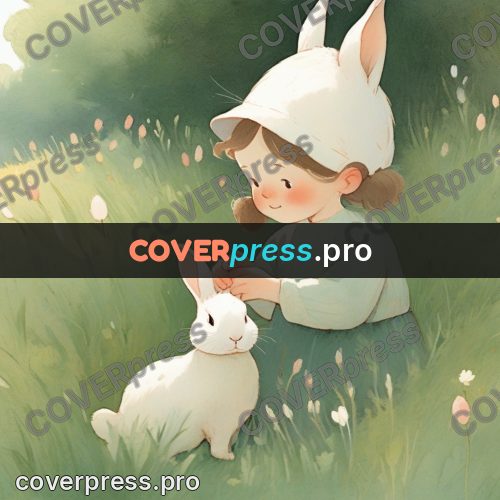 Storybook drawing: girl with a rabbit in grass