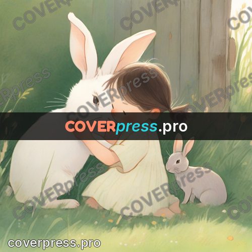 Storybook drawing: girl with a rabbit in grass