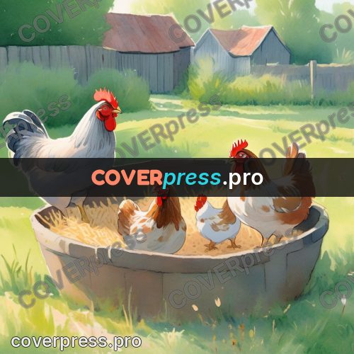 Storybook drawing: hens by a wooden barn