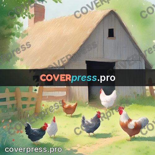 Storybook drawing: hens by a wooden barn