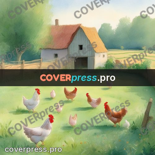 Storybook drawing: hens by a wooden barn