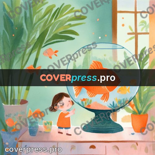 Storybook drawing: child by a round fishbowl