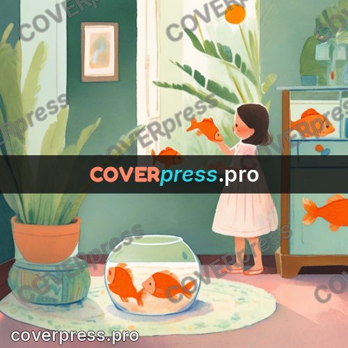 Storybook drawing: child by a round fishbowl