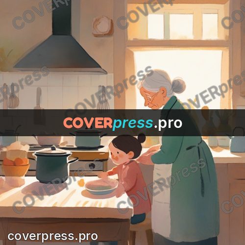 Storybook drawing: grandmother and child cooking