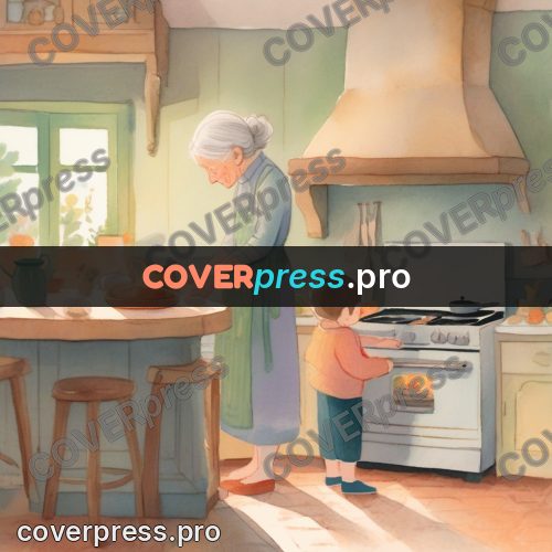 Storybook drawing: grandmother and child cooking