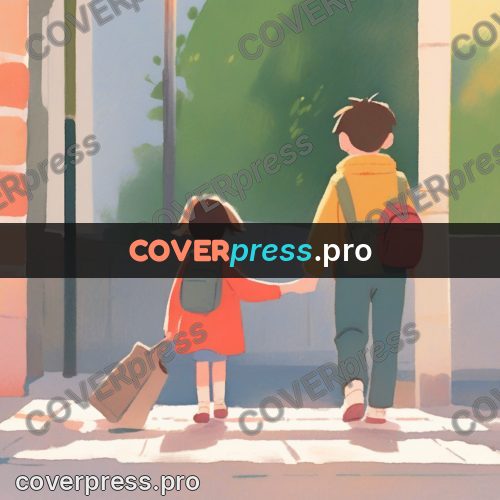 Storybook drawing: adult and child on a street