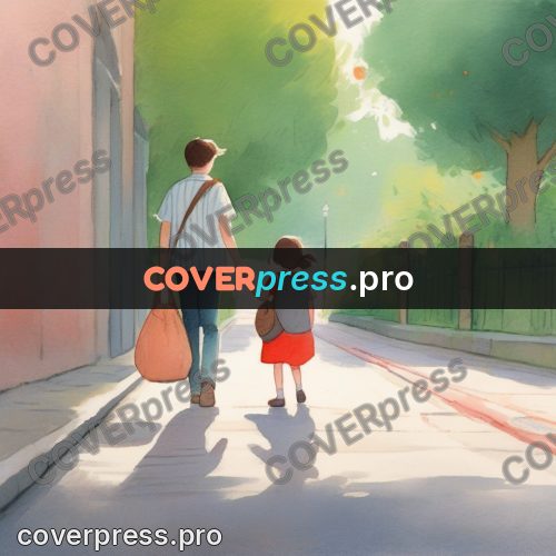 Storybook drawing: adult and child on a street