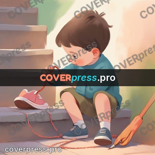 Storybook drawing: child tying a shoelace