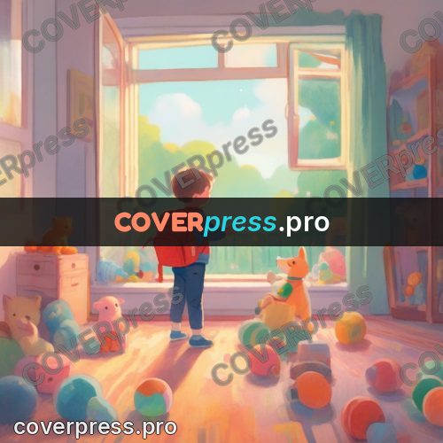 Storybook drawing: boy with a backpack among toys