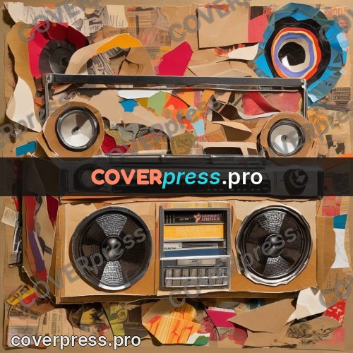 Torn paper collage: cassette boombox with speakers