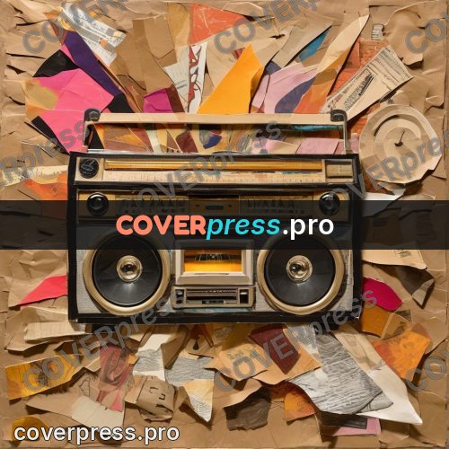 Torn paper collage: cassette boombox with speakers