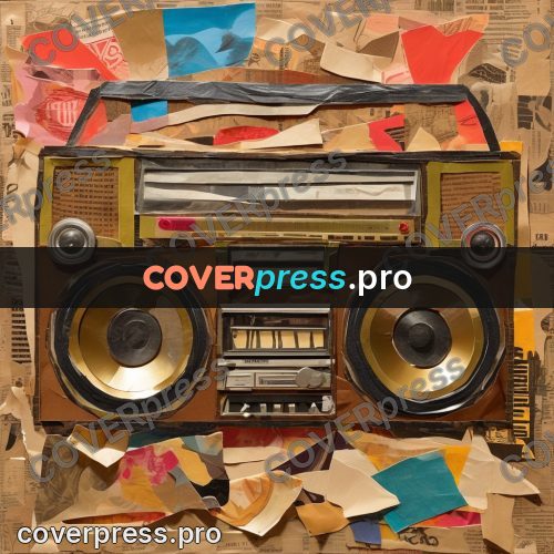 Torn paper collage: cassette boombox with speakers