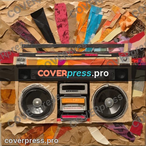 Torn paper collage: cassette boombox with speakers