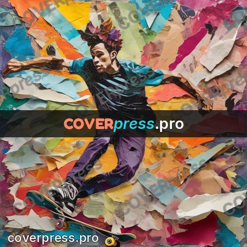 Torn paper collage: skateboarder in mid-air