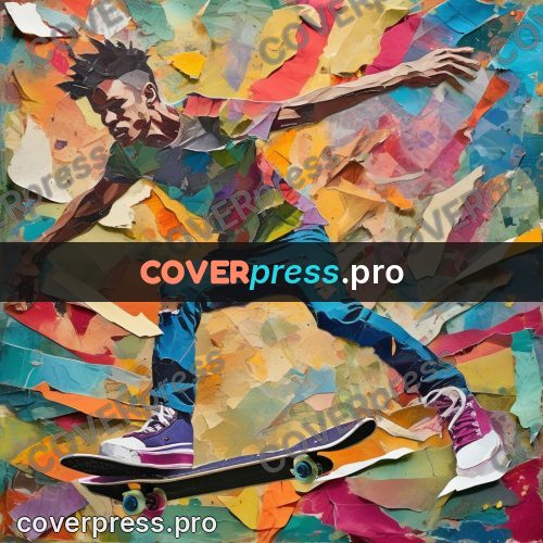 Torn paper collage: skateboarder in mid-air