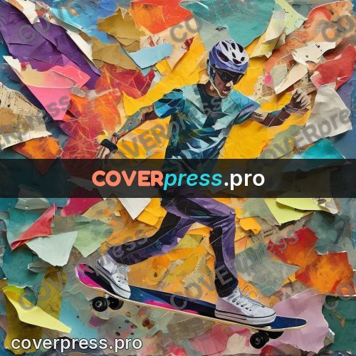 Torn paper collage: skateboarder in mid-air