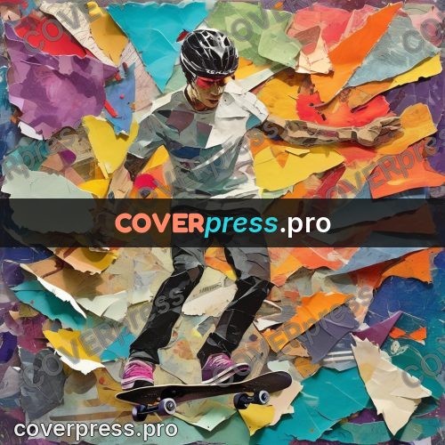 Torn paper collage: skateboarder in mid-air