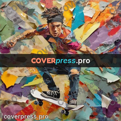 Torn paper collage: skateboarder in mid-air
