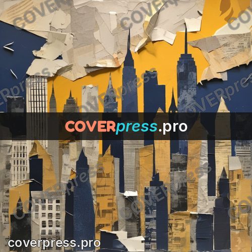 Torn paper collage: skyscrapers in a blue city