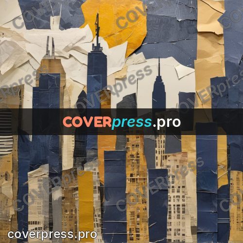 Torn paper collage: skyscrapers in a blue city