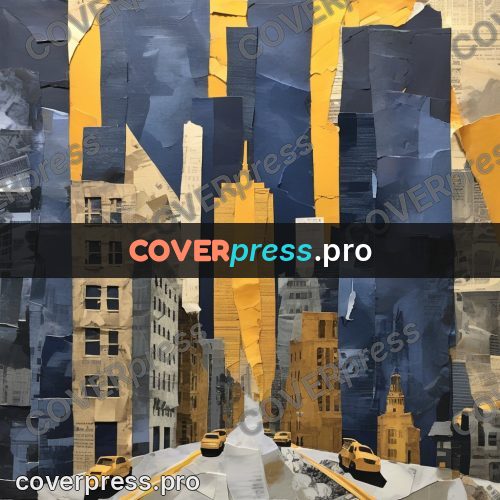 Torn paper collage: skyscrapers in a blue city
