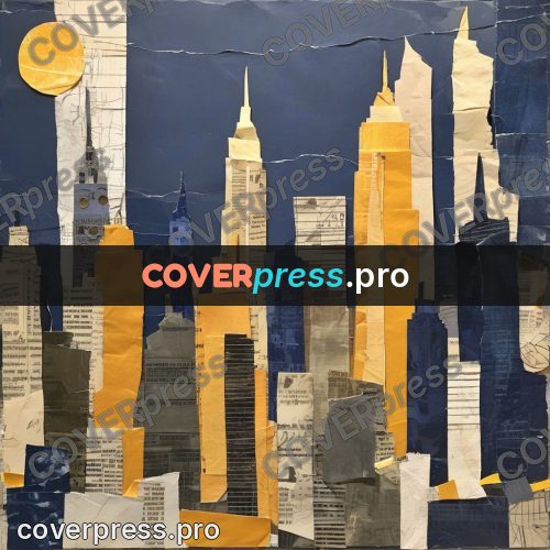 Torn paper collage: skyscrapers in a blue city